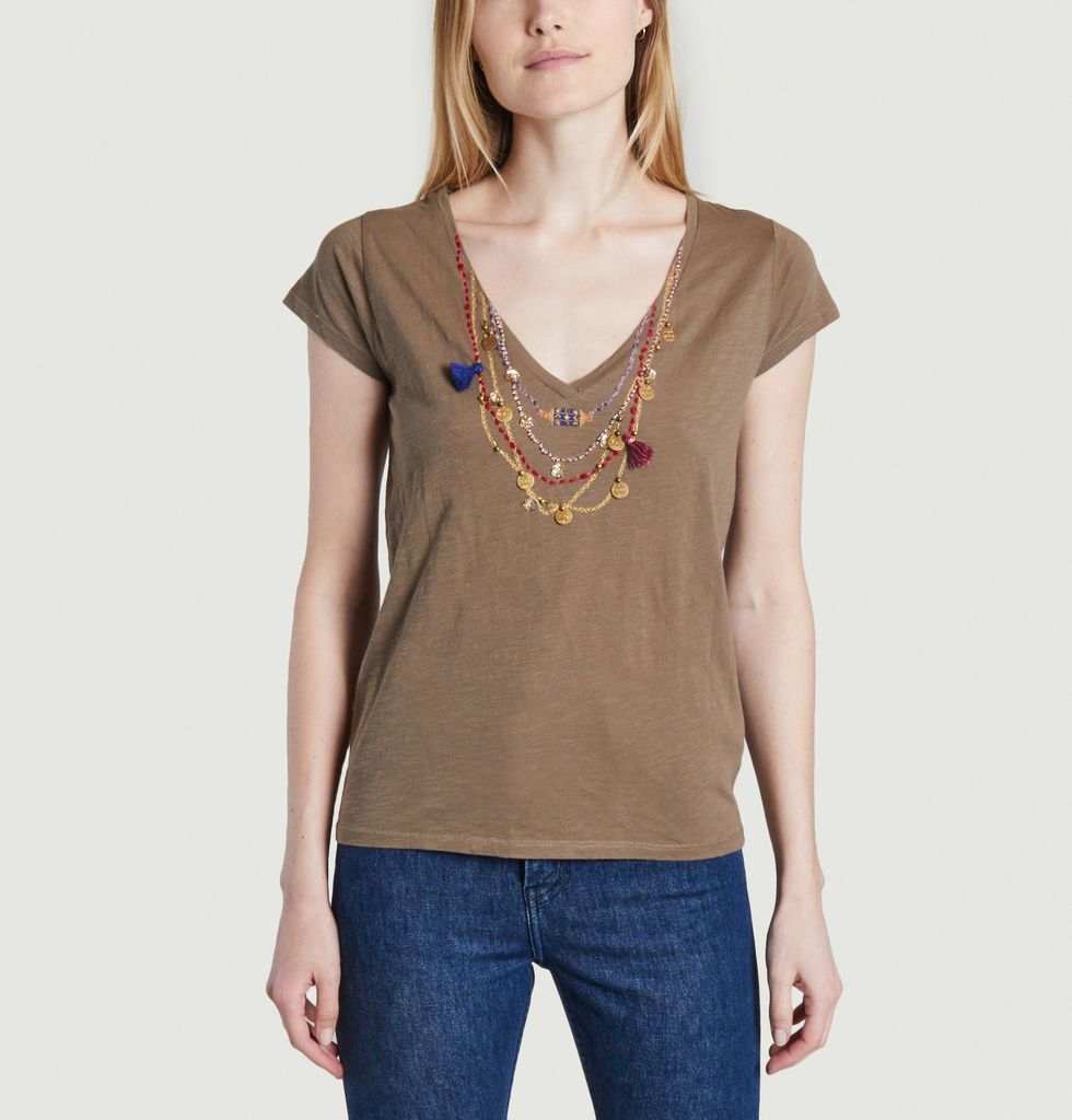 Organic Cotton T Shirt With Necklace Pattern Tonton Medail Khaki Leon