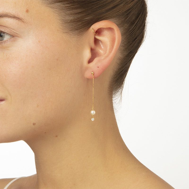 Perlée gold, cultured pearl and diamond long earrings - Persée Paris