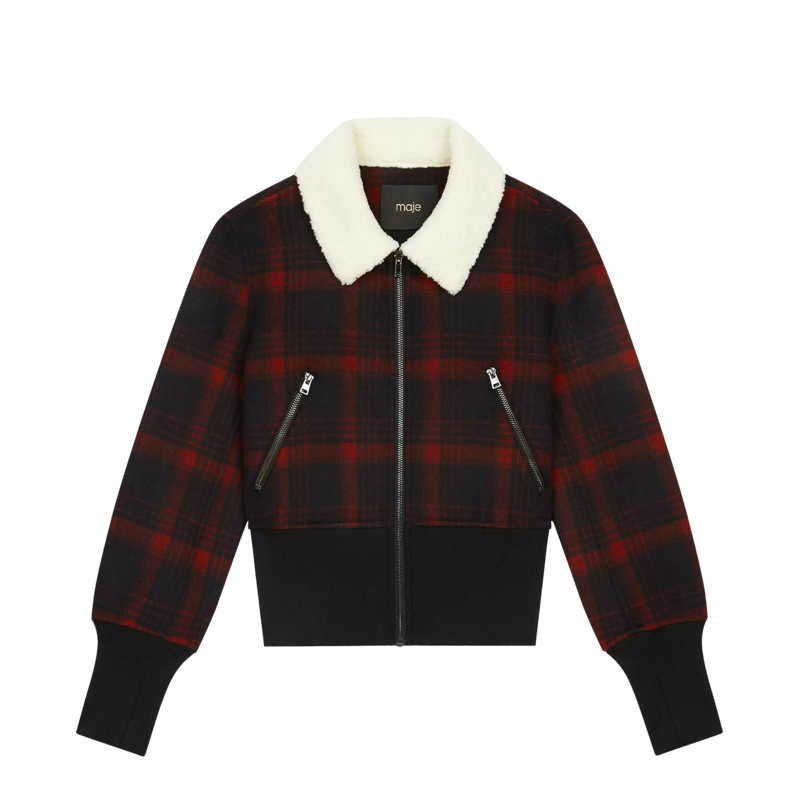 maje checked coat with faux shearling