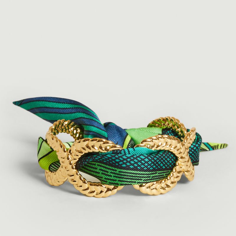 Gold plated cuff bracelet and silk braid Jour sur mer - An-nee