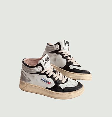 Vintage leather three-tone high top sneakers