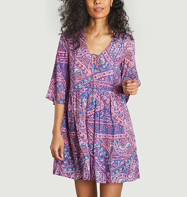 Robe courte manches 3/4 imprimé cachemire Fleur