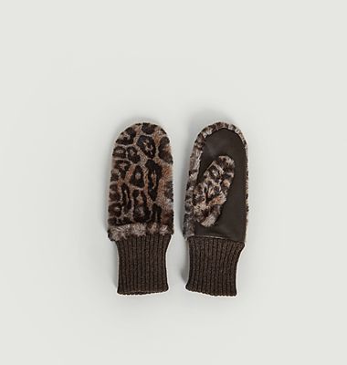 Moufles effet fourrure motif léopard et cuir Madina