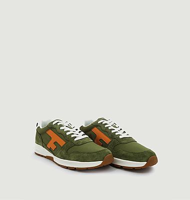 Low running sneakers textile and leather Olive