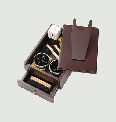 Box mit Produkten und Pinseln Shoe Shine Foot