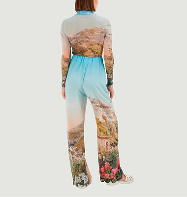 Pantalon ample Kea taille haute bas pétale crêpe de soie imprimé Grand Corsica