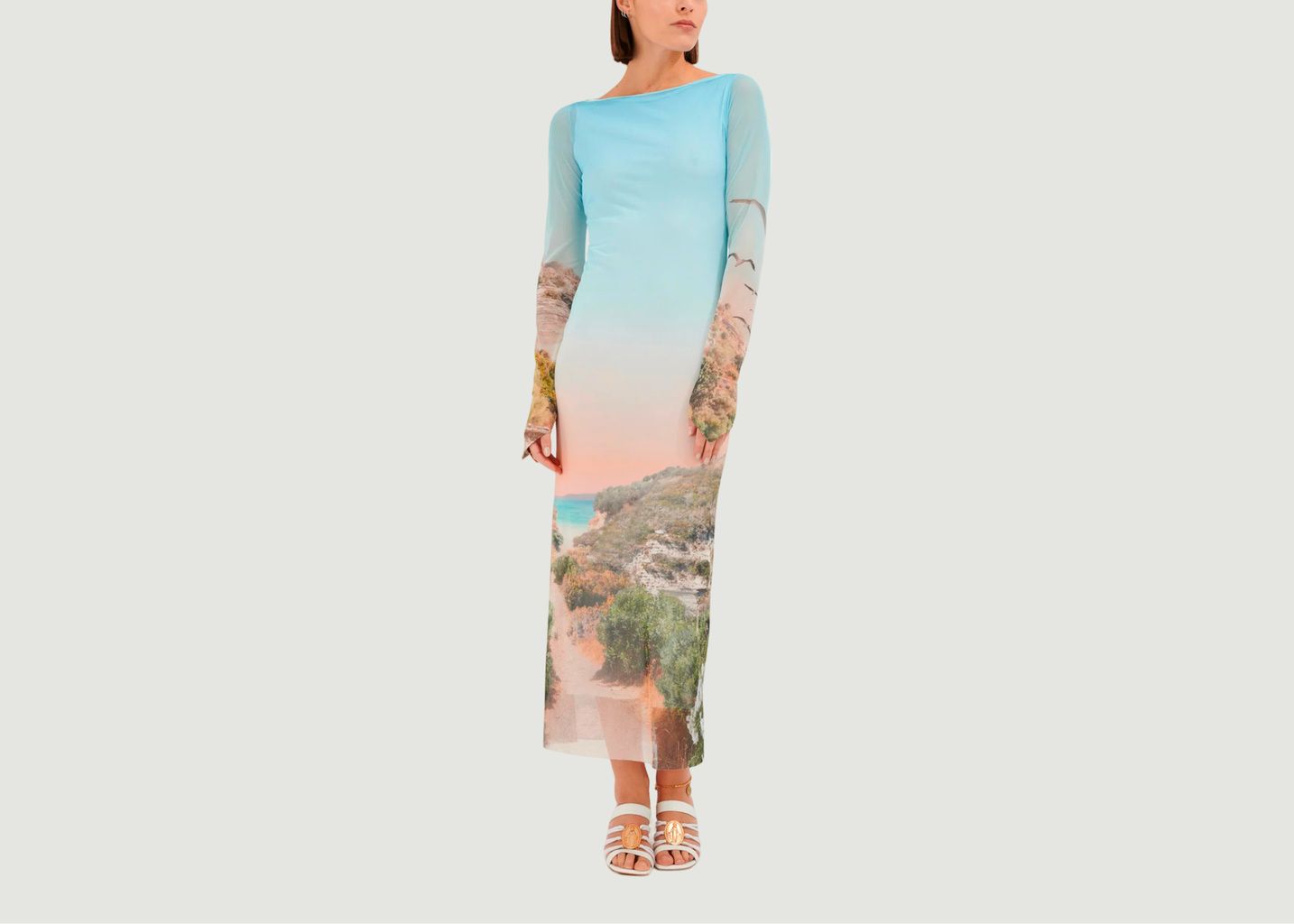 Sartene long dress with long sleeves in Oeko-Tex printed stretch tulle Grand Corsica - Fête Impériale
