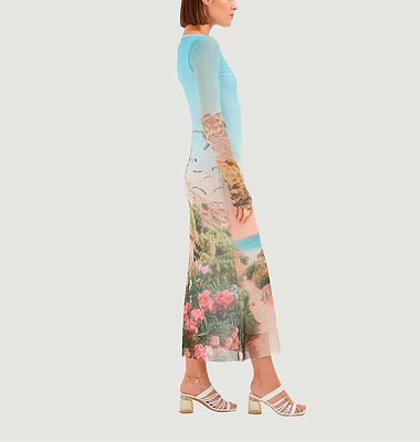 Sartene long dress with long sleeves in Oeko-Tex printed stretch tulle Grand Corsica