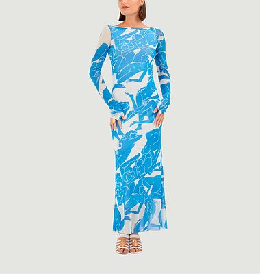 Robe longue Sartene ajustée manches longues en tulle stretch Oeko-Tex imprimé Géants Bleus