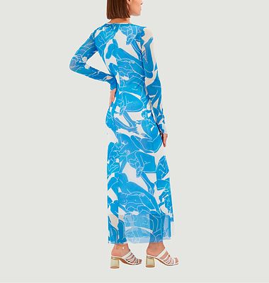 Robe longue Sartene ajustée manches longues en tulle stretch Oeko-Tex imprimé Géants Bleus