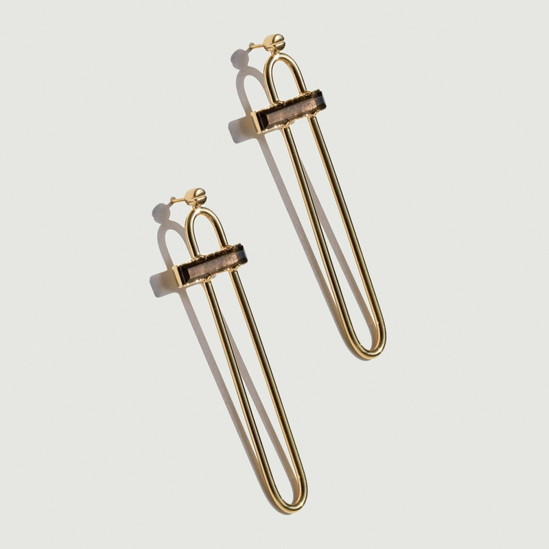 Boucles d'oreilles Trombone en argent 925 plaqué or & Quartz Moka - Gamme Blanche