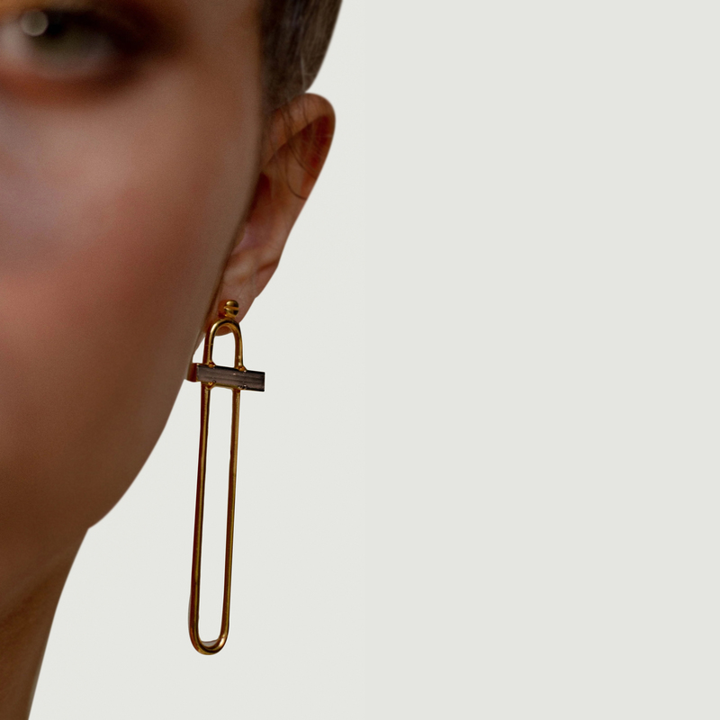 Boucles d'oreilles Trombone en argent 925 plaqué or & Quartz Moka - Gamme Blanche
