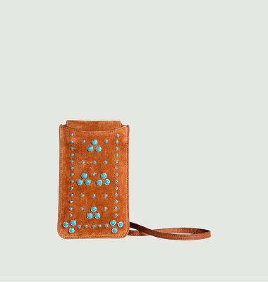 Suede and turquoise mobile case with shoulder strap Taos