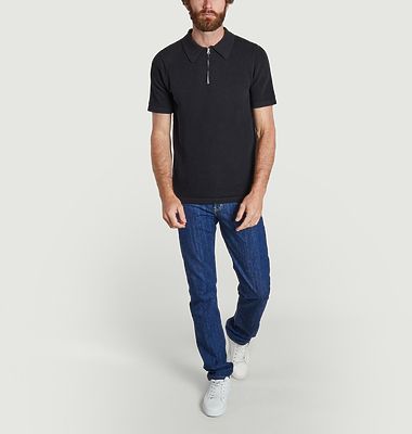 Loose ribbed polo shirt with zipped collar