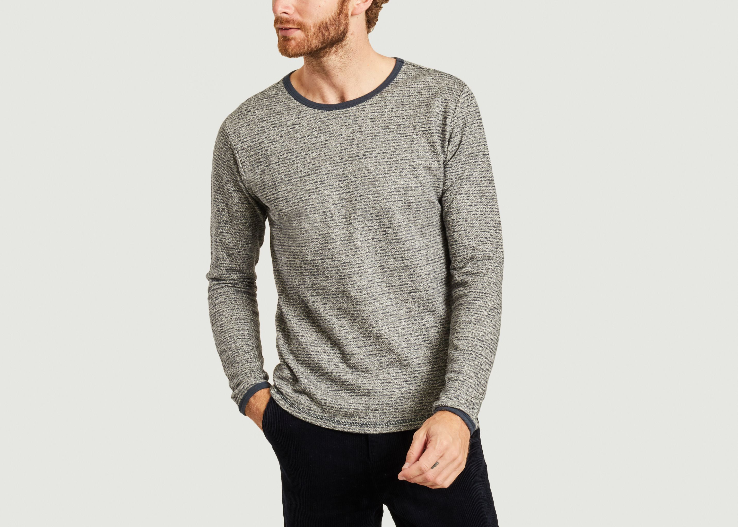 navy and white striped sweatshirt