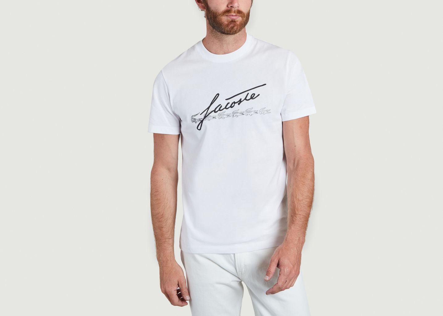 T-shirt à col rond en coton premium imprimé signature et crocos - Lacoste