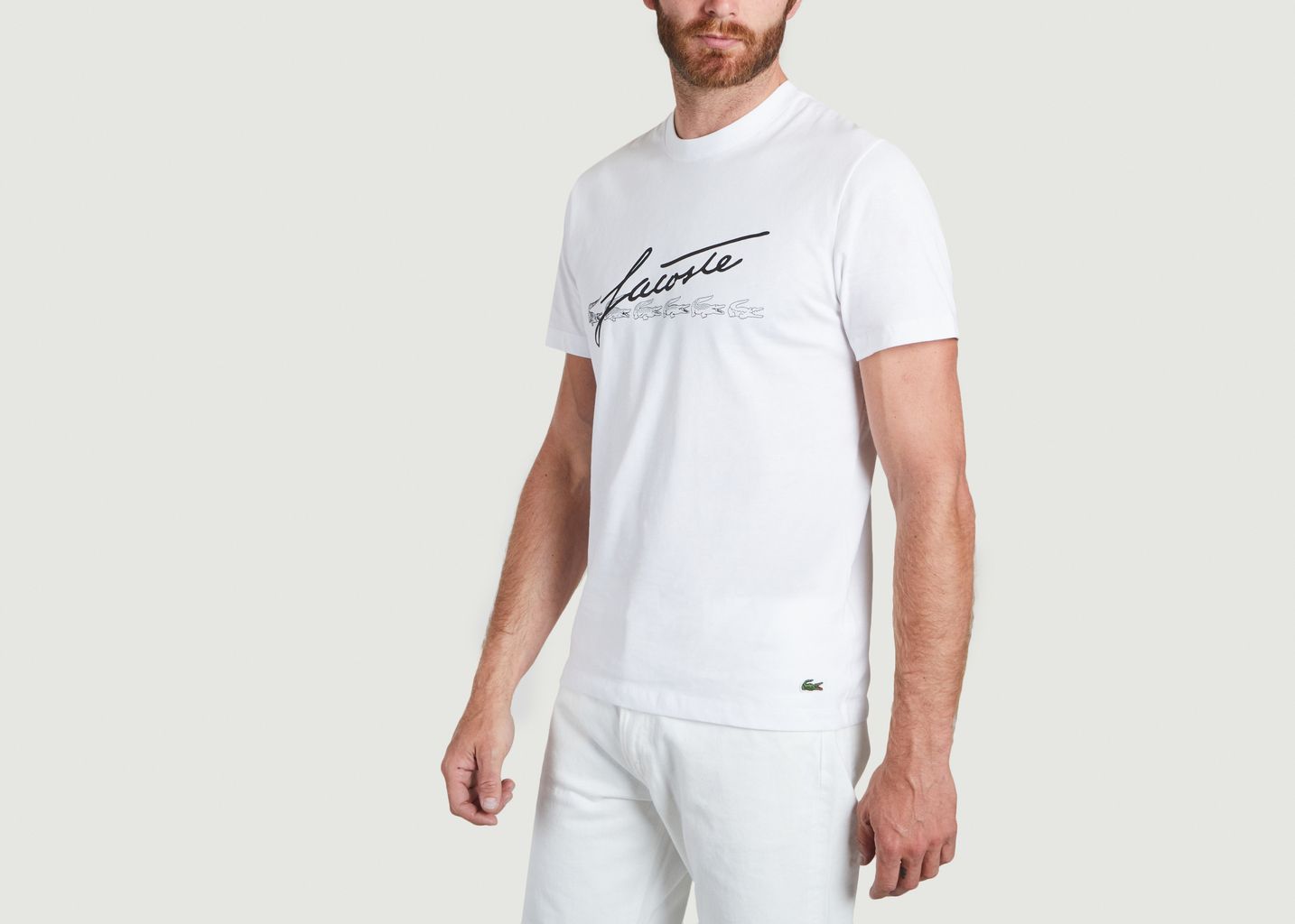 T-Shirt mit Rundhalsausschnitt aus Premium-Baumwolle mit Signatur- und Krokodildruck - Lacoste