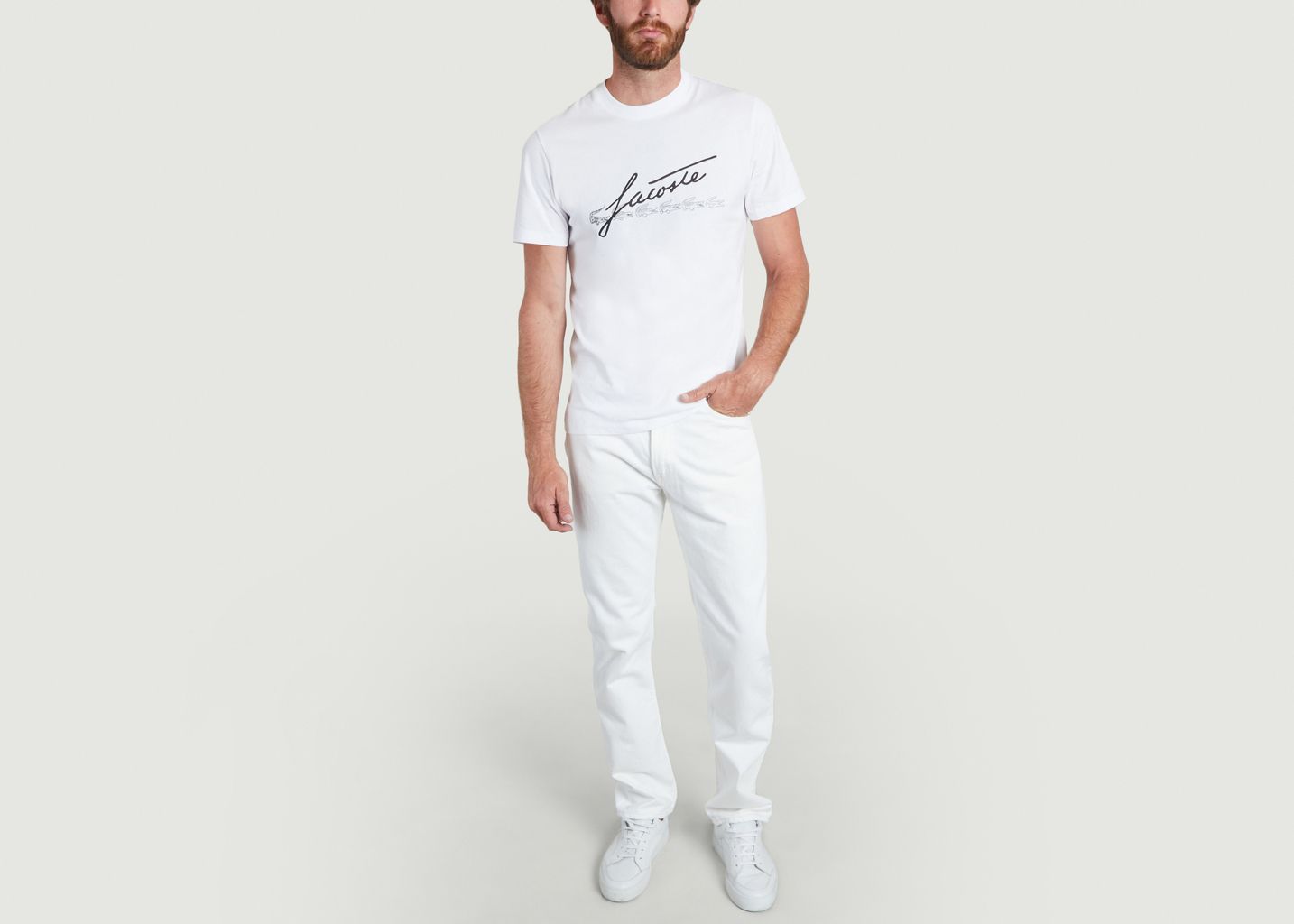 T-Shirt mit Rundhalsausschnitt aus Premium-Baumwolle mit Signatur- und  Krokodildruck Weiß Lacoste | L\'Exception