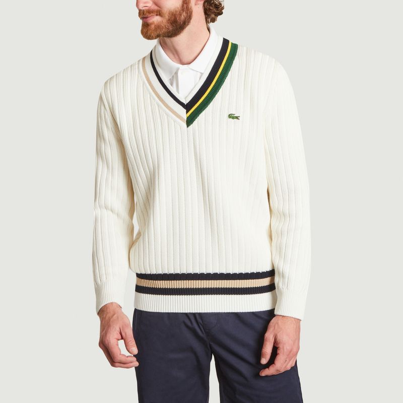 Ribbed V-neck sweater in organic cotton with contrasting details - Lacoste