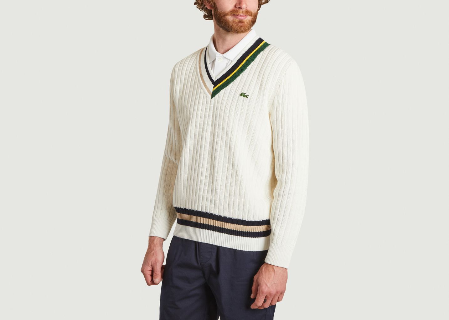 Sidelæns Utålelig Render Ribbed V-neck sweater in organic cotton with contrasting details Off White  Lacoste | L'Exception