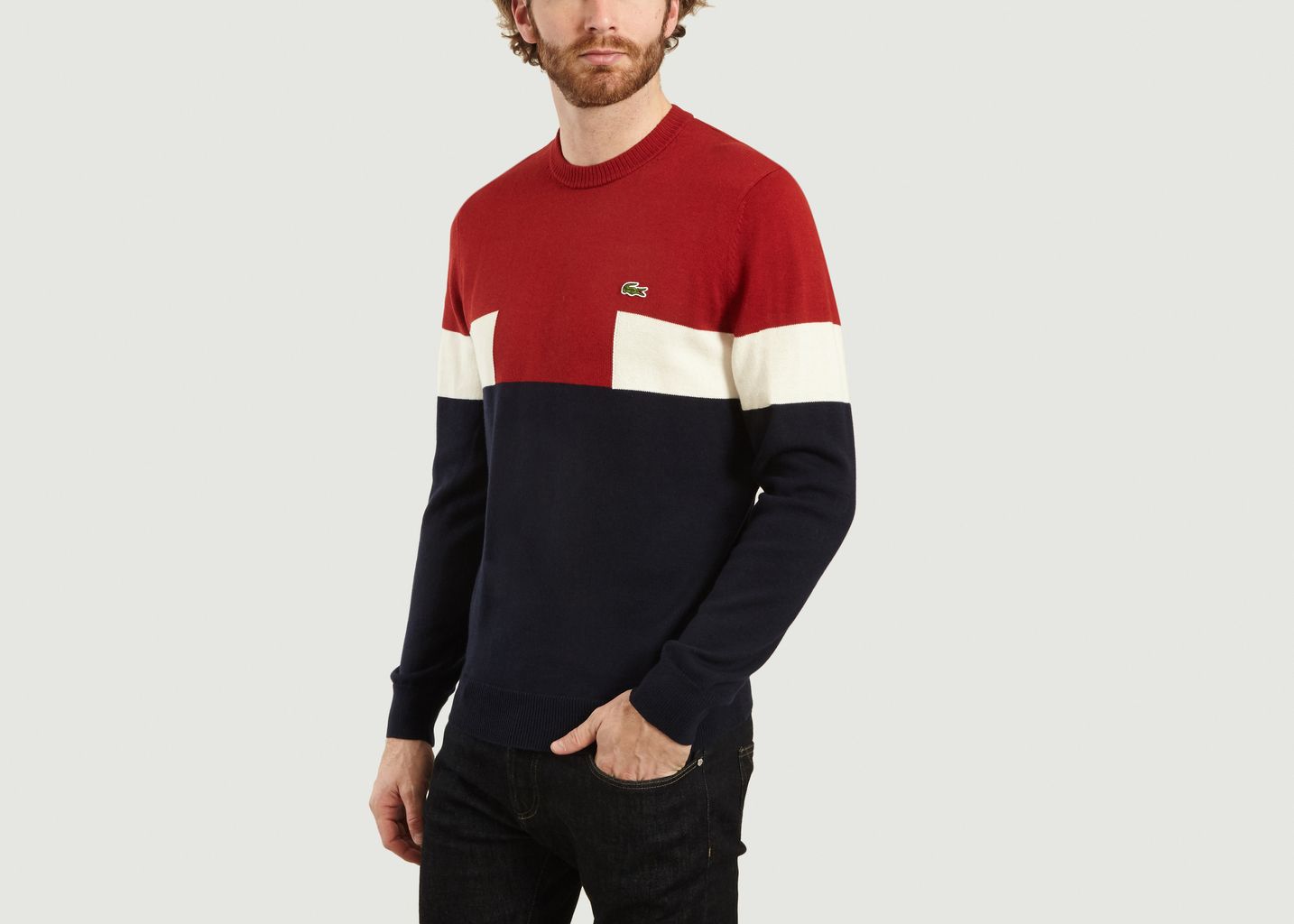 Pull En Coton Et Laine Tricolore Bleu Marine Lacoste | L’Exception