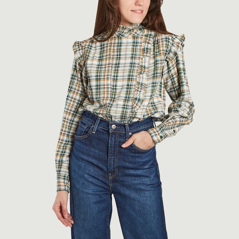 Sweet checked ruffled cotton and linen blouse - Laurence Bras