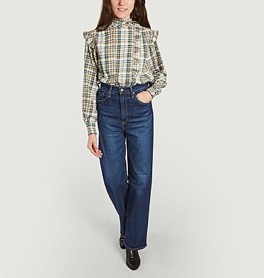 Sweet checked ruffled cotton and linen blouse