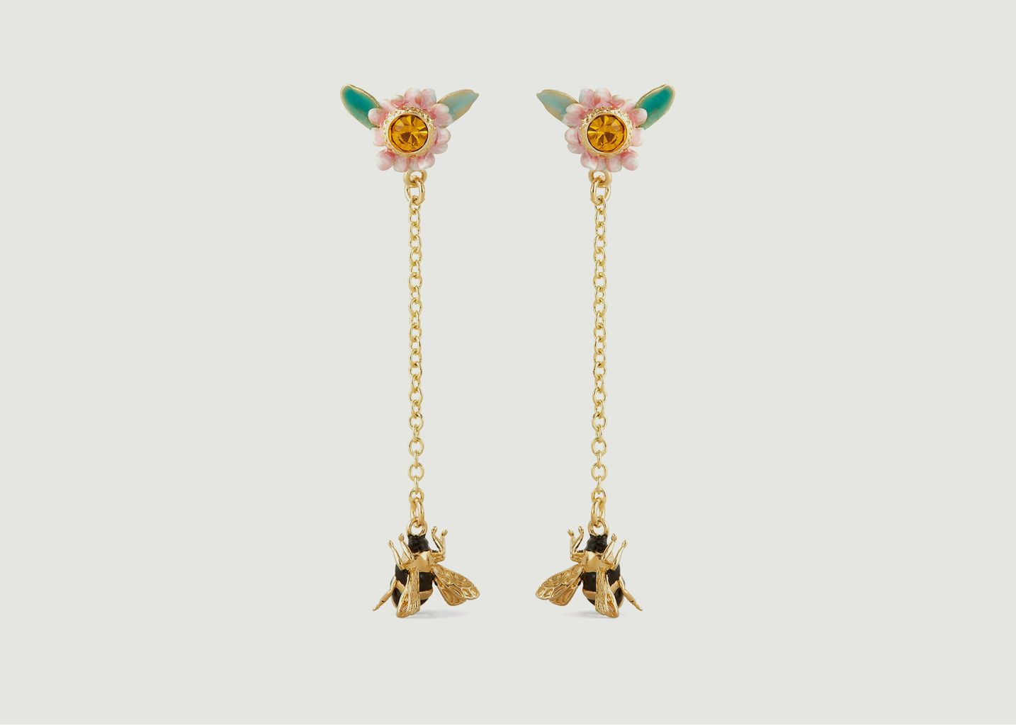 Boucles d'oreilles pendantes avec chaîne fleur et abeille - Les Néréides