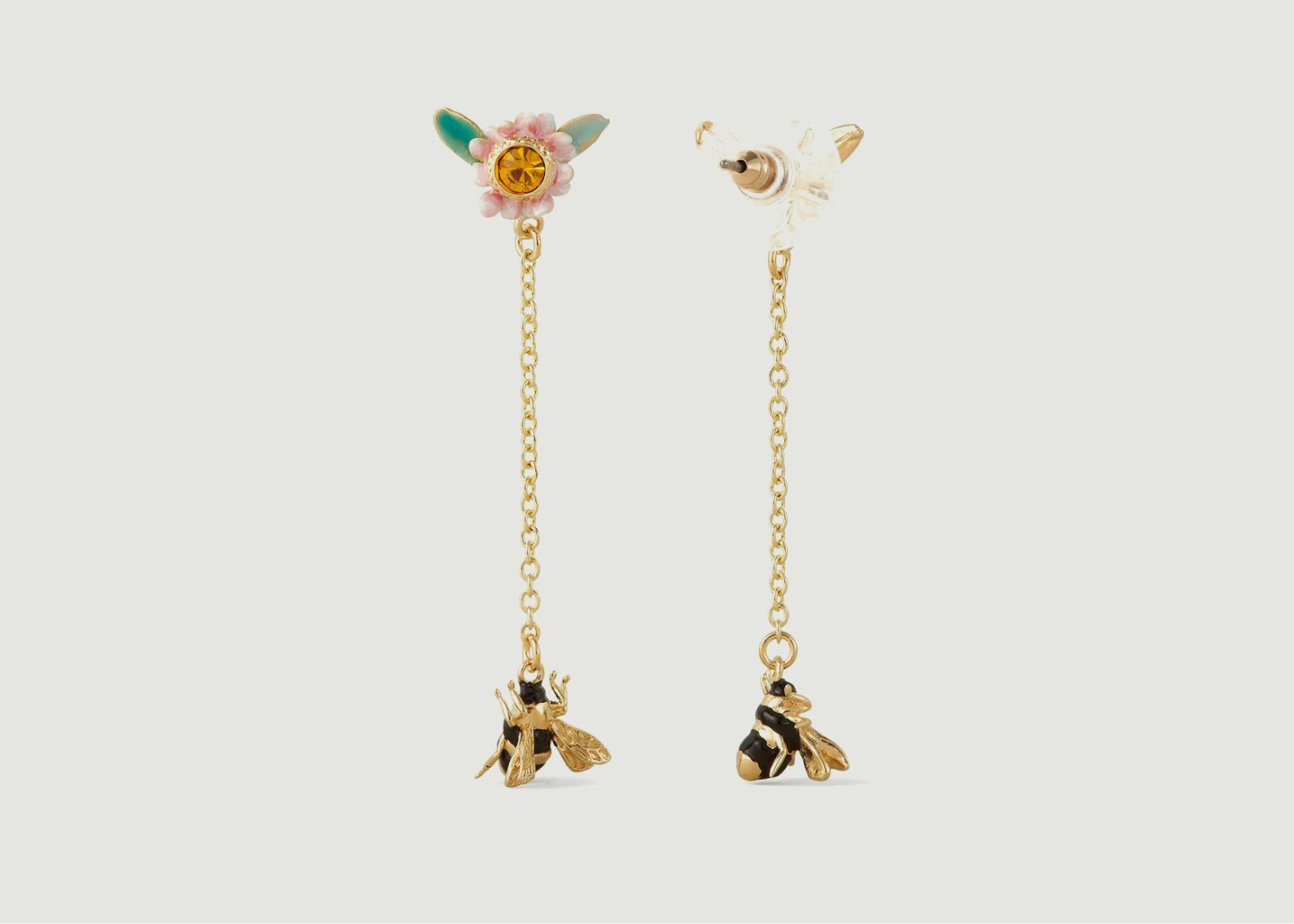 Boucles d'oreilles pendantes avec chaîne fleur et abeille - Les Néréides
