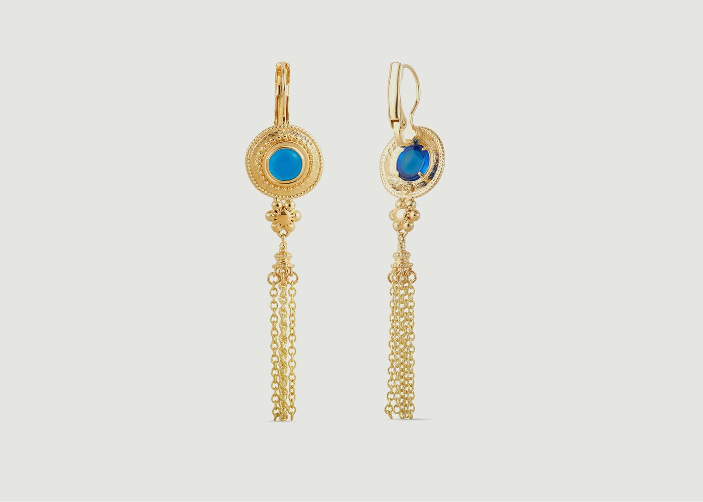Boucles d'oreilles pendantes avec pierre bleue et chaînettes - Les Néréides