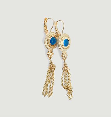 Boucles d'oreilles pendantes avec pierre bleue et chaînettes