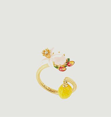 Adjustable ring with lemon, flower and faceted glass