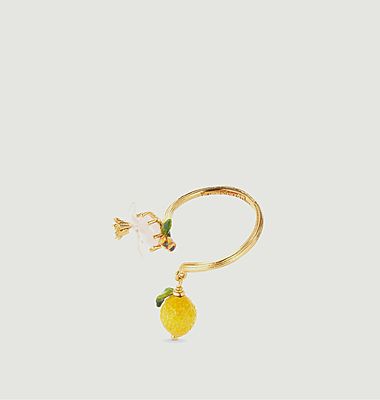 Verstellbarer Ring mit Zitrone, Blume und facettiertem Glas