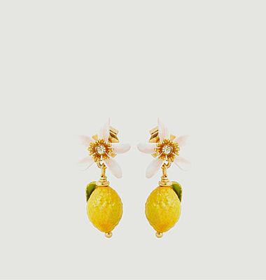 Boucles d'oreilles pendantes citron et fleur de citronnier