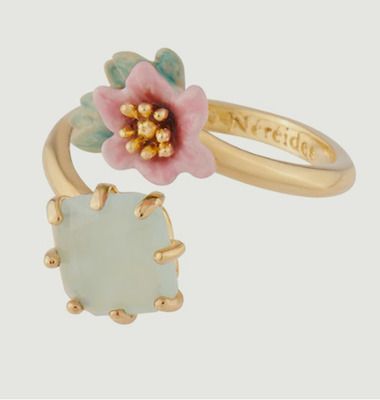 Bague ajustable fleur de citronnier et pierre carrée