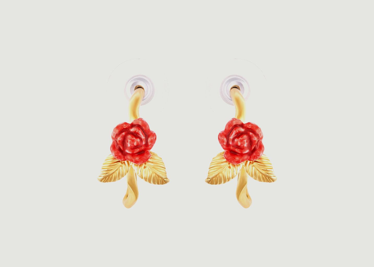 Boucles d'oreilles créoles tiges bouton de rose et feuilles - Les Néréides