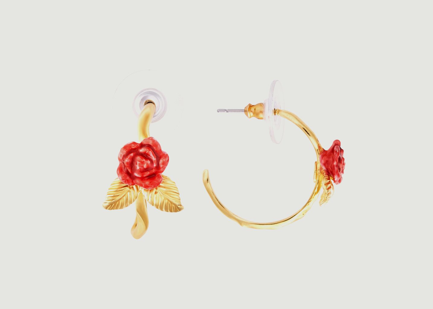 Boucles d'oreilles créoles tiges bouton de rose et feuilles - Les Néréides