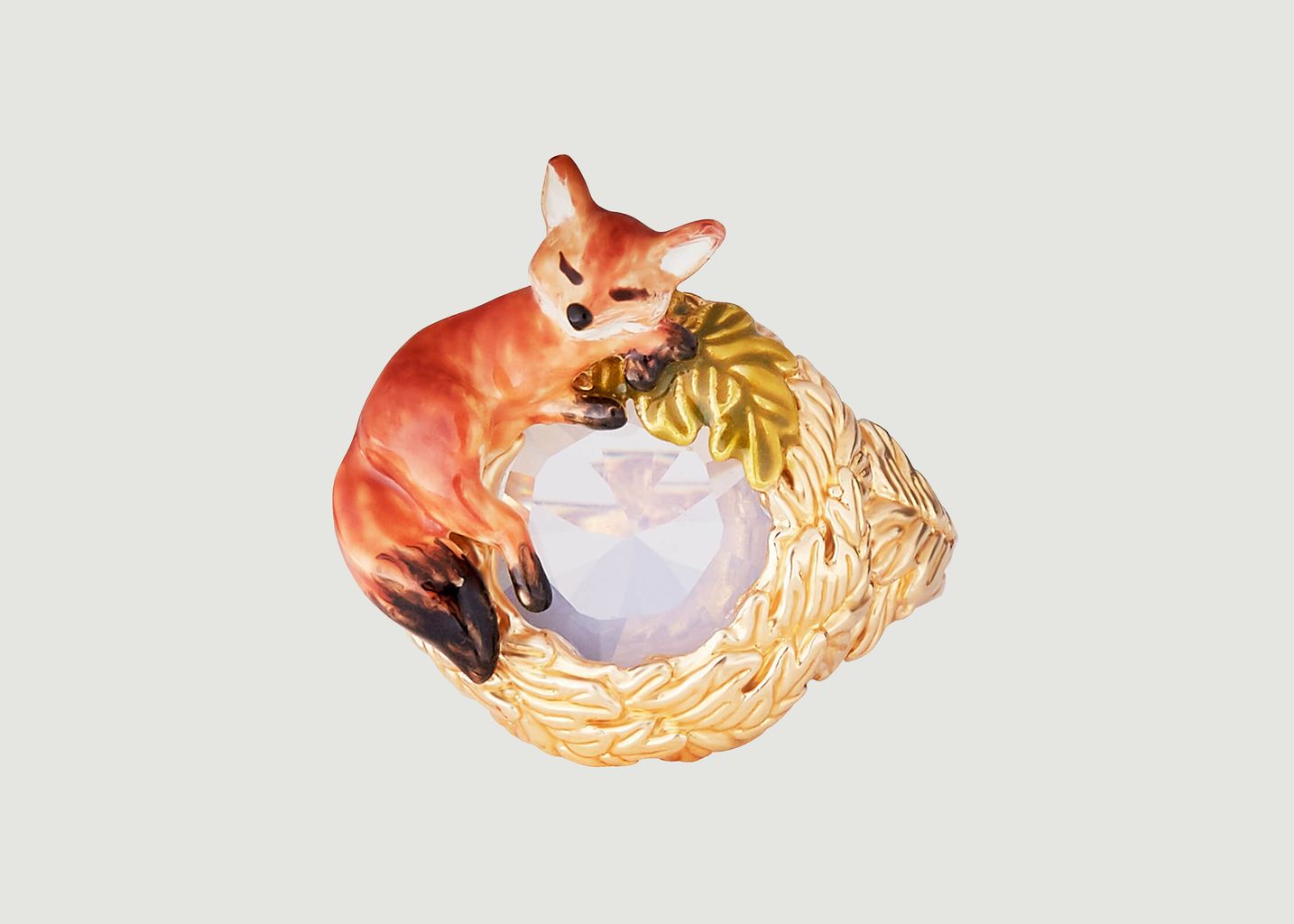 Fox cub with oak leaves wreath cocktail ring - Les Néréides