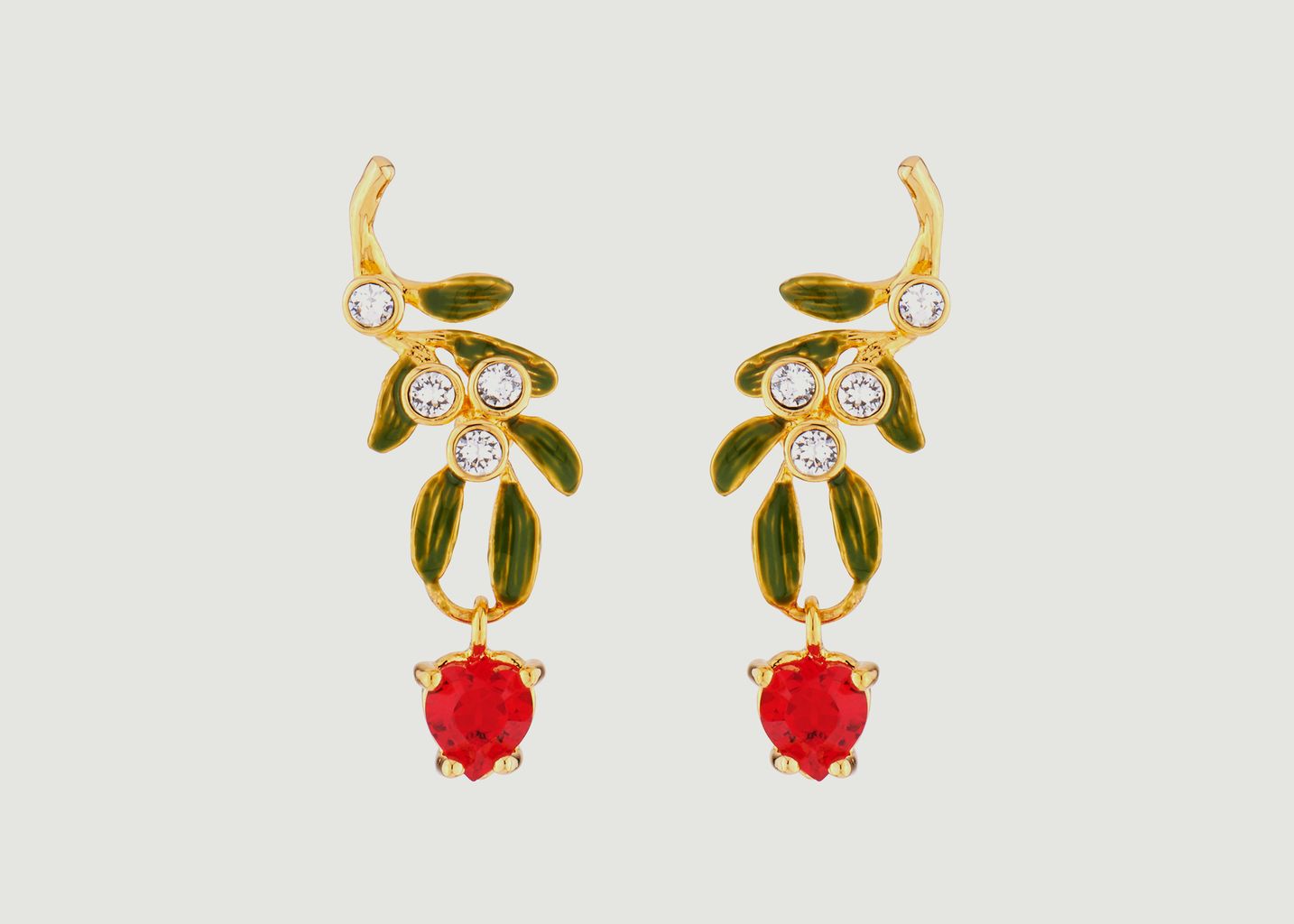 Heart-shaped mistletoe branch dangling stud earrings - Les Néréides