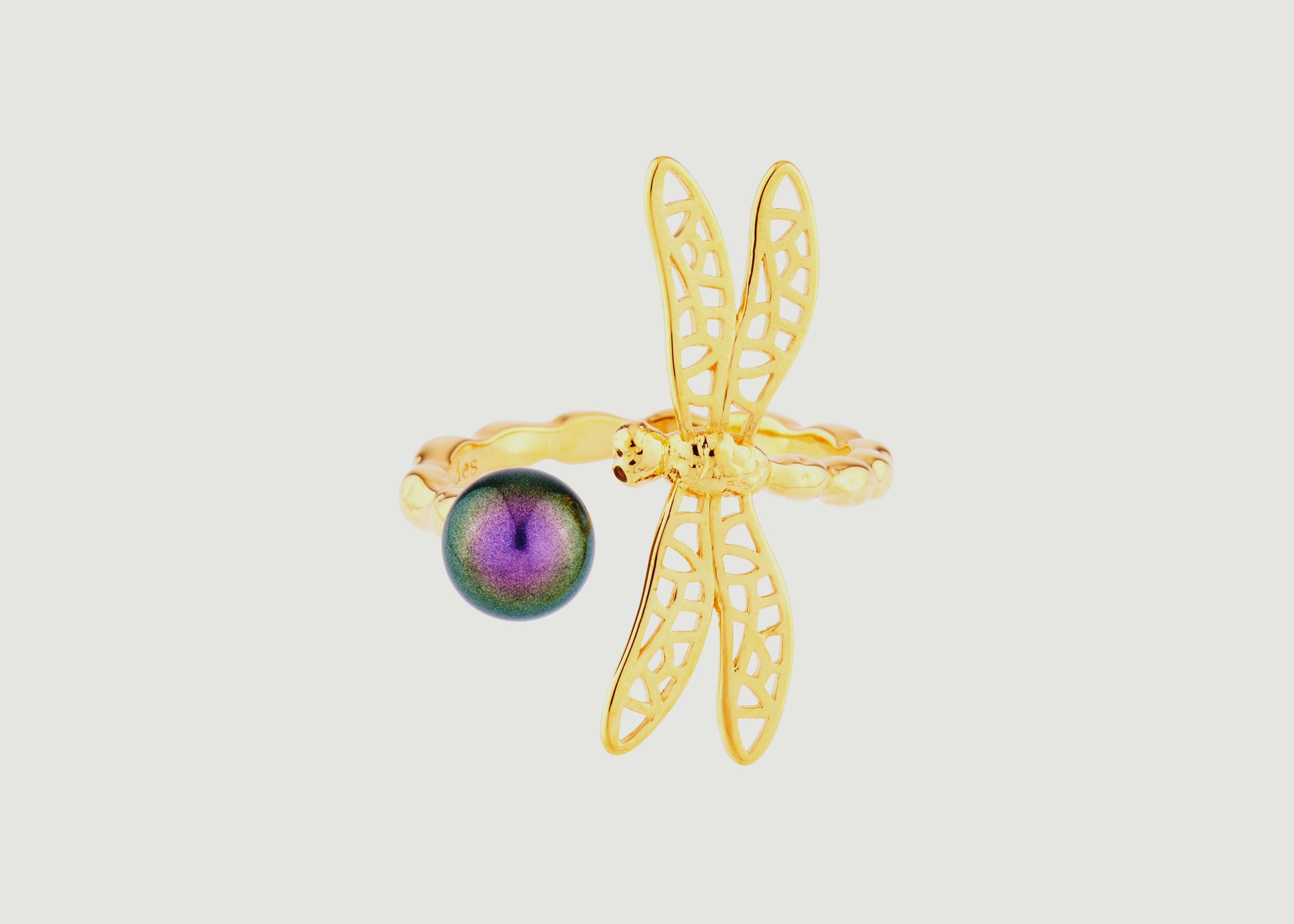 Little dragonfly adjustable ring with iridescent pearl - Les Néréides