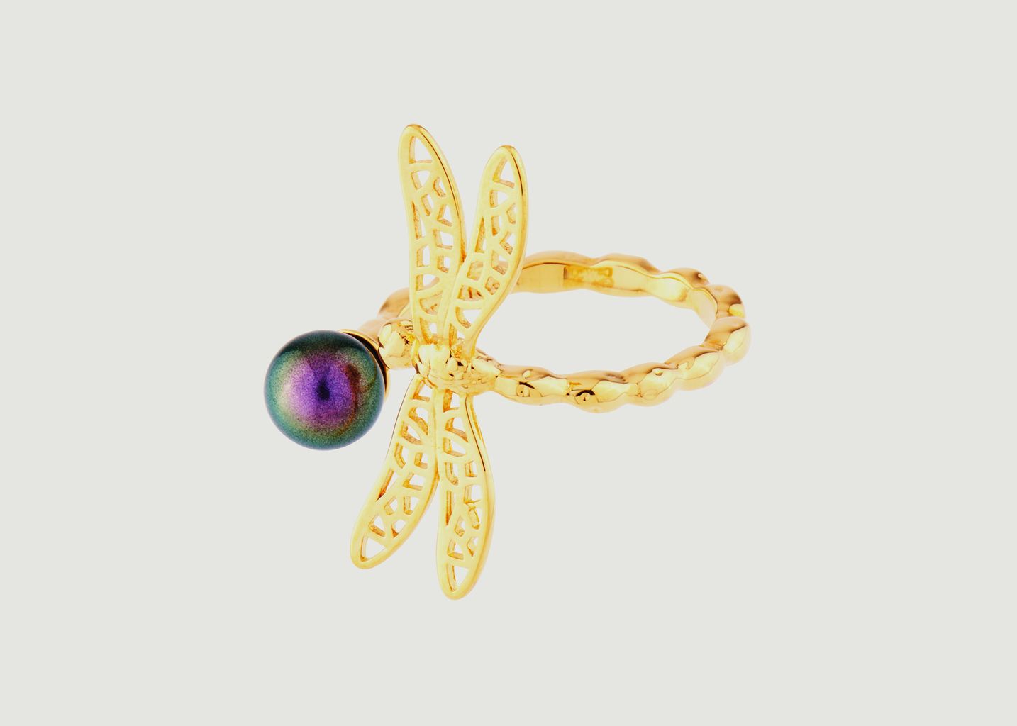 Bague ajustable petite libellule et perle iridescente - Les Néréides