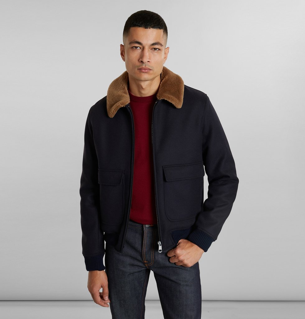 Shearling collar wool aviator jacket Navy Blue L'Exception Paris |  L’Exception