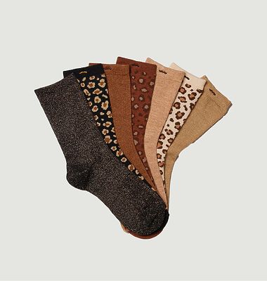 Set of 7 pairs of leopard and sequin socks