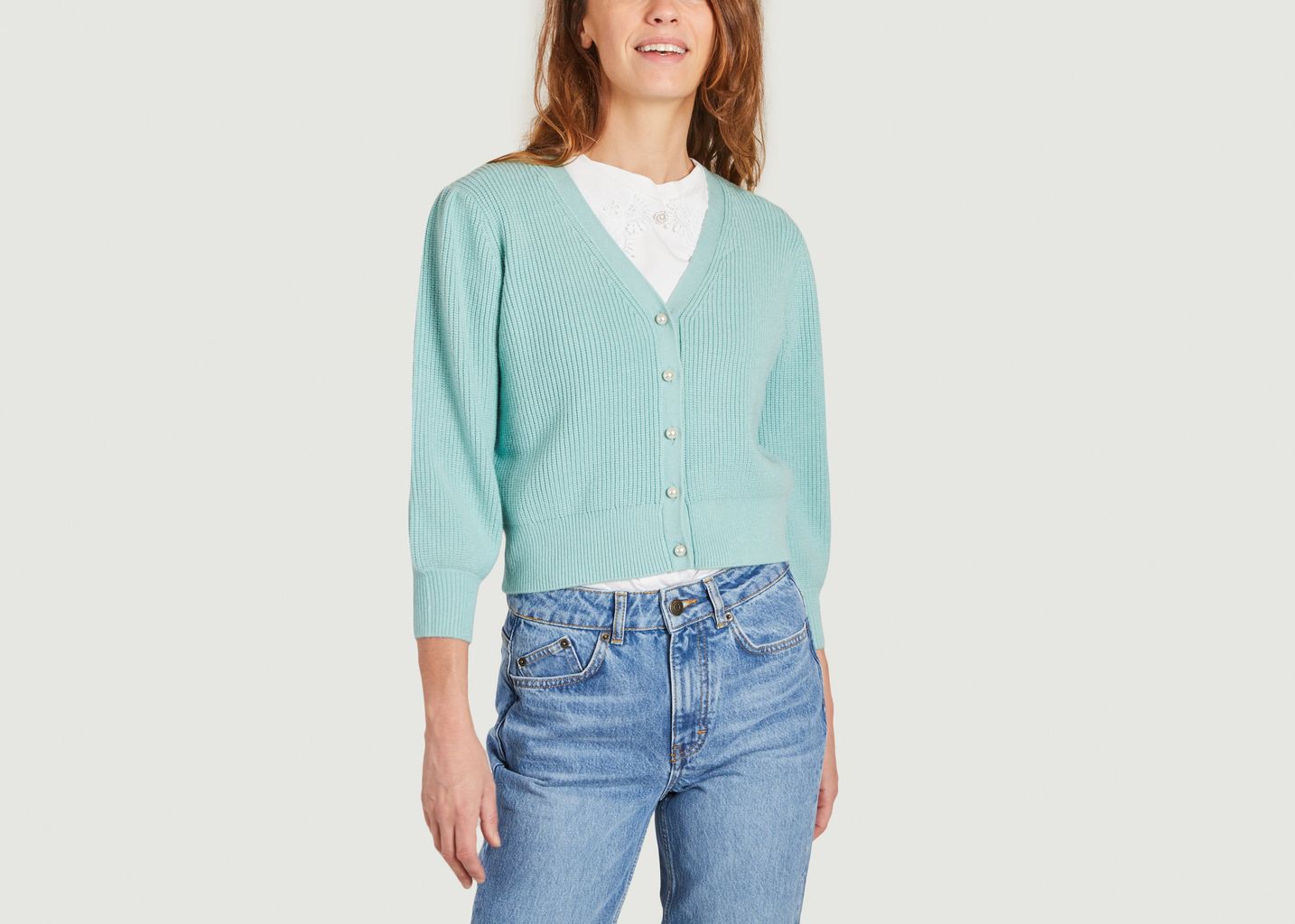 Mistou ribbed cardigan with pearls buttons - Maje