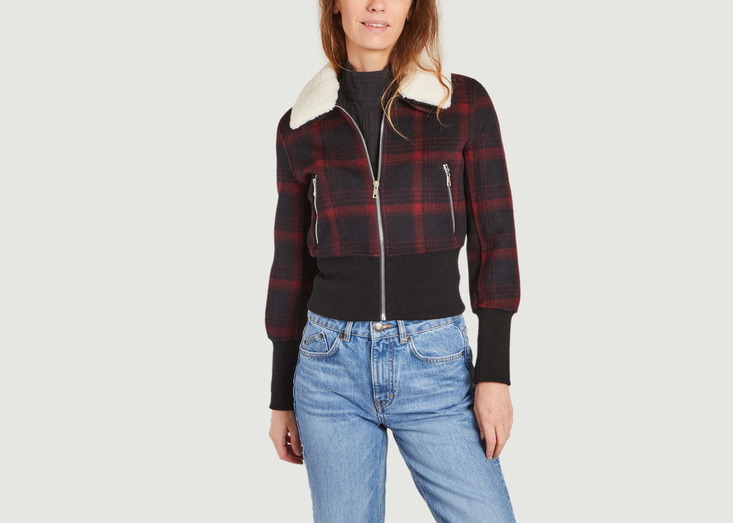 maje checked coat with faux shearling