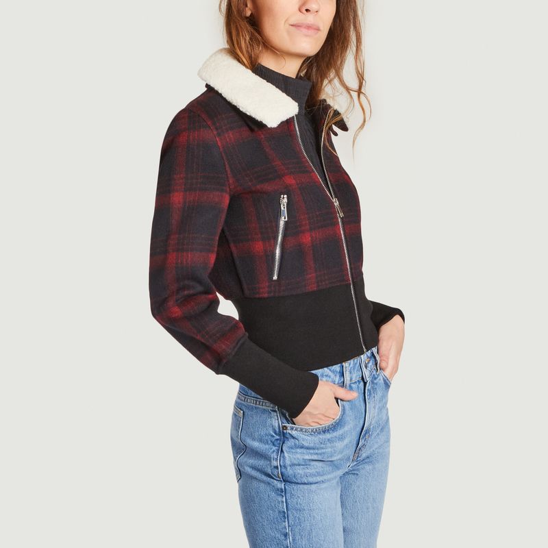 maje checked coat with faux shearling