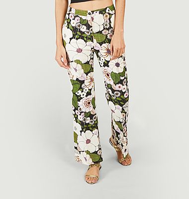 Flared pants with flowery print in organic cotton Piflower
