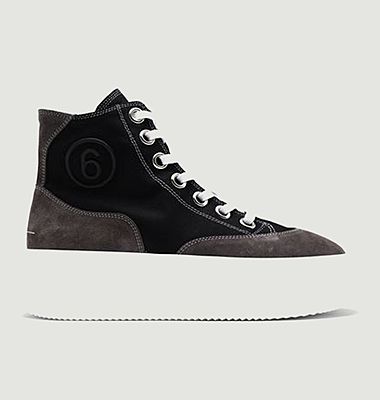 Sneakers montantes en coton et cuir suédé à plateforme