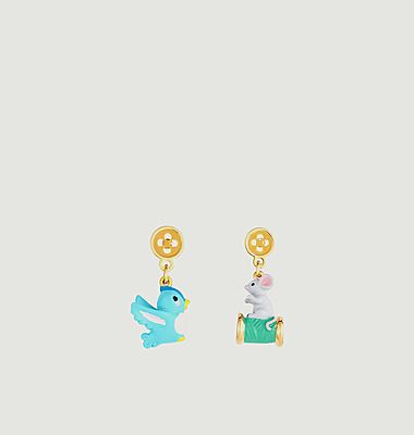 Bird and mouse mismatched dangling earrings
