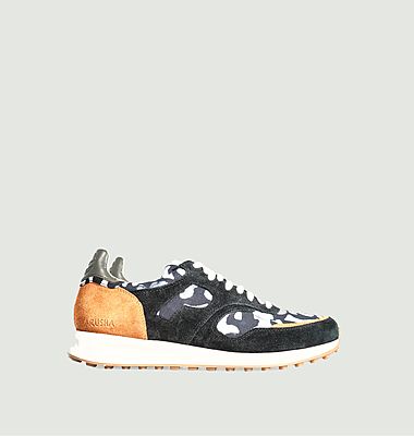 Arusha-Ebène leather and fabric running sneakers
